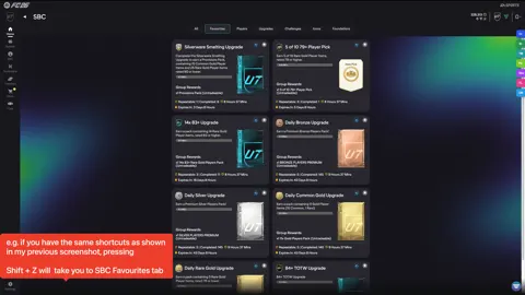 Вкладка SBC Favorites у EA FC 26 з підсвіченим шорткатом